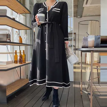 Jednodielne dámske Dlhý Rukáv Šaty 2020 Ženy Pletený Sveter Jeseň Zimné Módne Oblečenie Žien kórejský Elegantný Pás Šaty