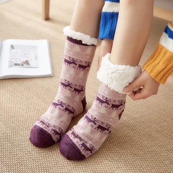 Jeseň Zima Ženy Papuče Domov Ponožky Vianočné Cartoon Elk Poschodí Ponožky Plyšové Velvet Non-slip Koberec Načechraný Teplé Ponožky