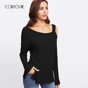 COLROVIE Black Otvorom Asymetrické Krku Ružový T-Shirt Ženy Oblečenie 2018 Jeseň Zázvor Módne Long Sleeve Tee Tričko kórejský Topy