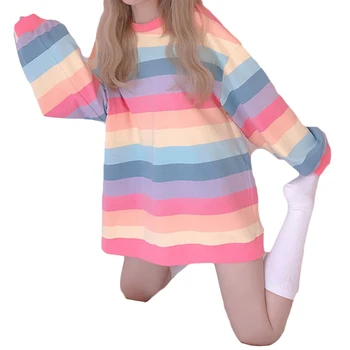 Street Style Voľné Tenké Rainbow Prúžok Mikina a Ženy Pulóver Oblečenie Jeseň Roztomilý Topy Mikina Školáčka Plus Veľkosť