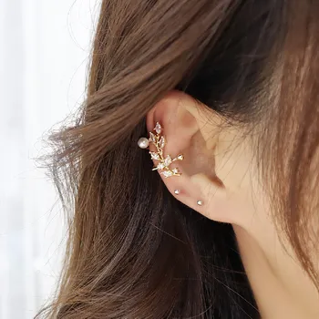 Kreatívny dizajn leaf medi vykladané zirkón ucho klipy bez prebodol žien 14K reálne zlatenie kórejský náušnice šperky