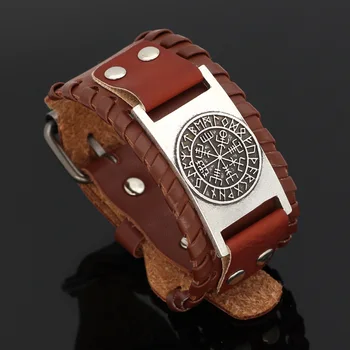 Nodic viking Vegvisir Kompas kožené amulet odin symbol náramok -nastaviteľná veľkosť 19-25 cm
