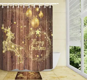 Zlato Vzor Drevené Lopárik Pozadí Vianočných Dekorácií V Kúpeľni Sprchový Záves Vianočné Jeleň Strom Balón Star Sprchový Záves