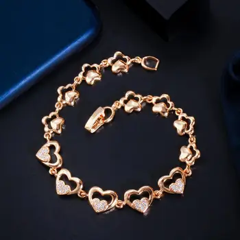 BeaQueen Jemné Dvojité Srdce Dizajn 585 Zlatá Farba Cubic Zirconia Reťazí Náramky Ženy Módne Šperky za Dar B213