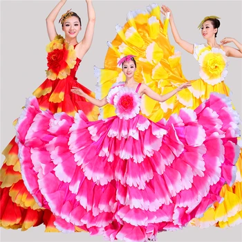 6Color Flamenco Šaty Gypsy Dance Sukne Žena Španielsko Brucho Kostýmy Veľké Petal španielsky Zbor Fáze Výkonu Nosenie S-3XL