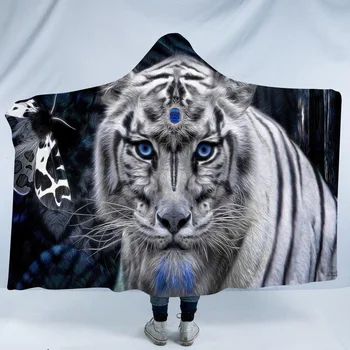 18 Štýly Biely Tiger 3D Vytlačené Plyšové Kapucňou Deka pre Lôžok Nositeľné v Teple Mäkká Flaušová Hodiť Prikrývky
