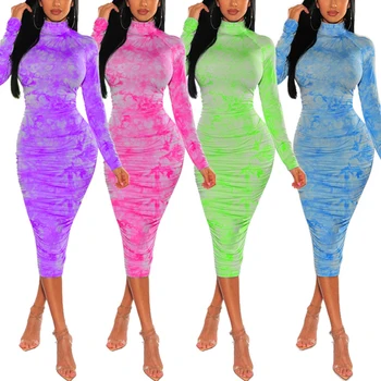 OMSJ Sexy tie Dye Tlač Dlhý Rukáv Bodycon Skladaný Maxi Šaty na Jar Roku 2020 Nové Elegantné Ženy Turtleneck Nočný Klub Party Šaty