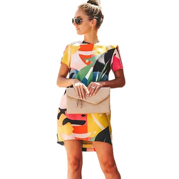 Farebné Vytlačené Okrúhlym Výstrihom, Krátky Rukáv T-shirt Dress Bežné Leaf Tlač Voľné Letné Žien Nad Kolená Mini Šaty