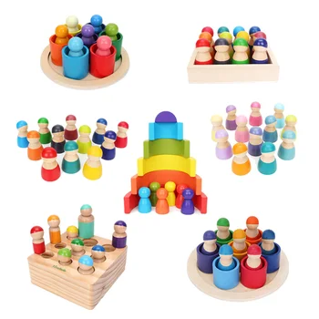 Drevené Rainbow Bloky Montessori Hračky 12 Priateľmi Peg Bábiky Orgánov Dieťa Predstierať, Že Hrať Ľudí Číselné Údaje Tvar Deti Vzdelávacie Hračky