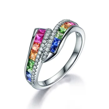 Boho Žena Rainbow Crystal Kamenný Kruh Trendy Štvorcové Zirkóny Zásnubné Prstene Pre Ženy Roztomilý Svadobné Duté Snubný Prsteň