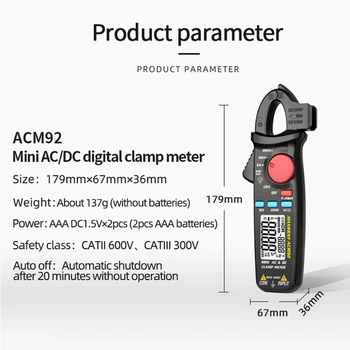 Digitálny RMS Svorka Meter ACM92 DC AC Prúd 100A 0.1/1mA autoservis Ammeter Multimeter Ohm napätie Hz NCV Kontinuity Tester