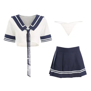 Nové 2020 Modrá Waistless Mladé Dievča Navy Štýl Študent Jednotné Cosplay Vyhovovali Krátke Nightdress Pyžamo Nastaviť Tri-dielny Oblek
