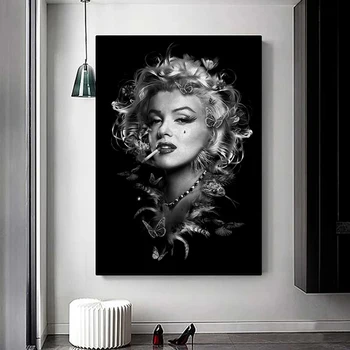 Čierna a Biela Marilyn Monroe Fajčenie Plagát Portrét Plátno na Maľovanie Plagátu a Vytlačí Dievča Wall Art Obraz pre Home Decor