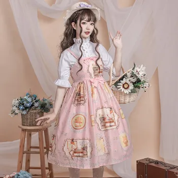 Letné Japonské Lolita Vintage Princezná Šaty bez Rukávov Žena Mäkké Dievča Vietor Roztomilý Kreslený Tlač JSK Podväzkové Sukne