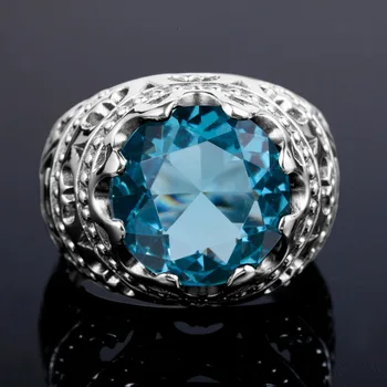 Originálny Strieborný Prsteň Pre Mužov Retro Reálne 925 Sterling Silver Blue Topaz Prstene Pre Ženy Unisex Veľké Kamene Kolo Jemné Šperky