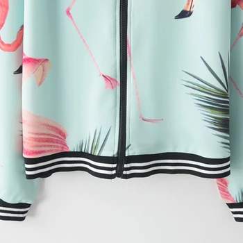 Ženy Móda Dlhý Rukáv Kontrast Pruhované Manžety Kvetinový Flamingo Tlač Baseball Jacket Girl Zip až Bunda Outwear Mikina Topy
