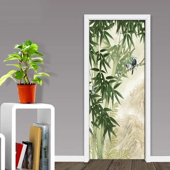 Bamboo Forest Vták Dvere Nálepky Tapety Obývacej Izby, Spálne, Dvere, Stena Nálepky Nástenná Maľba Obtlačky Pre Domova Plagát