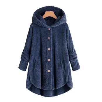 Ženy Plyšové kabát Plus Veľkosť Tlačidlo Plyšové Mikiny s Kapucňou Voľné Cardigan Vlny Kabát Zimný Udržať v teple Bunda