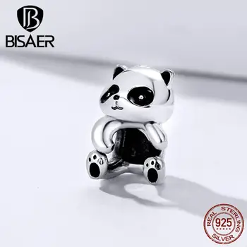 BISAER Autentické 925 Sterling Silver Panda Korálky Zvierat Panda zobrazili kľúčové tlačidlá vhodné pre KUTILOV, Náramky, Prívesky Luxusné Šperky Čo ECC1175