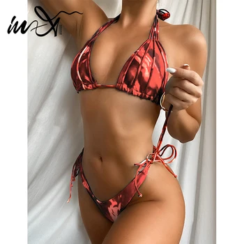 V-X String bikini 2020 s uväzovaním za 2 kusy set Print plavky ženský Trojuholník plavky ženy High cut plavky Brazílsky nové