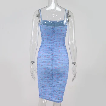 NewAsia Oka Ženy Šaty Letné 2020 Špagety Popruhy podkolienok Elegantné Šaty Slim Fit Kvetinový Tlač Ruched Šaty Modré