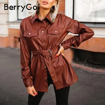 BerryGo Ročníka PU kožené blúzka ženy s pásom Príčinné Turn-dole jeden golier topy Jeseň, zimu, elegantný vreckový tričko lady 2020