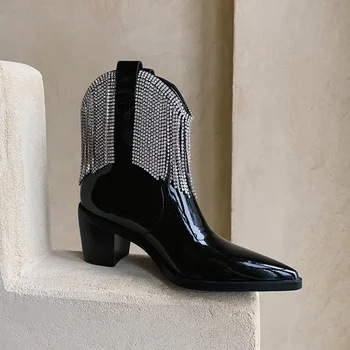Phoentin pravej kože kovbojské topánky ženy 2020 crystal strapec členková obuv fringe robustný podpätky strany obuv black fashion FT1123