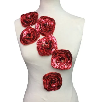 6pc 3D Rose Sequin Patch Červený Kvet Nášivka Korálkové Kvety Záplaty Pre Oblečenie, Džínsy, ktorý Kvitne Appliques Parches Dia10cm AC1106