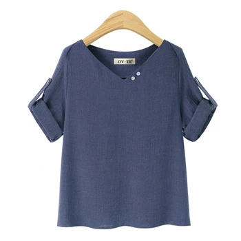 Móda Ženy tričká V-neck Tlačidlo jednofarebné Tričko Voľné Tenký, Krátky Rukáv košele dámske Oblečenie Plus Veľkosť L-4XL 9470 50