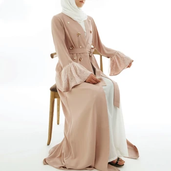 1PCS Flitrami Ženy maxi šaty Islamskej dlhý rukáv abaya Dubaj abaya Exkluzívne čipky perly dizajnu Nových Moslimské oblečenie Otvoriť kimono