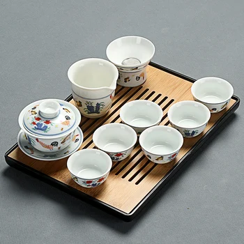 Kompletná sada Keramických Kung Fu čaj nastaviť modré a biele porcelánové kuracie valec pohár bieleho porcelánu kryt misy kanvicu čaju poháre