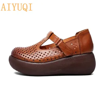 AIYUQI Ženy sandále na platforme kliny topánky 2020 nové originálne kožené ženy sandále hrubé dno vintage,ženy sandále ploché bežné