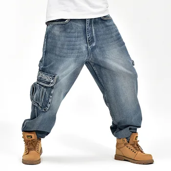 Hip Hop Mens Neforemné Jeans Modrá Multi Vrecká Nákladu Džínsy Muž Voľné Skateboard Džínsové Nohavice P3071