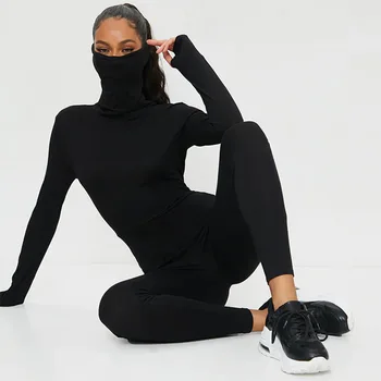 Bežné Čierne Telo Remienky Ženy Jumpsuit Activewear Športový Turtleneck Dlhý Rukáv Ceruzkou Nohavice Bodycon Jumpsuit Ženy Trakmi