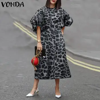 Ženy Polovici Teľa Šaty Vintage Lístkového Rukáv Leopard Tlačené Šaty 2021 VONDA Letnú Dovolenku Sundress Bežné Vestidos Plus Veľkosť