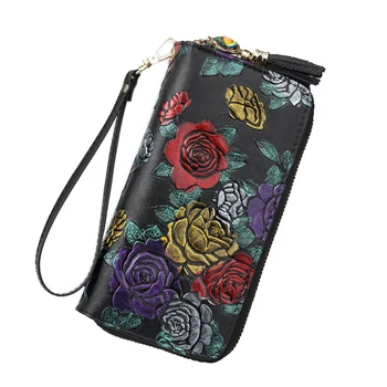 Kvetinový ženy peňaženky pravej kože ženskej kabelke luxusné značky dlhé dámske peňaženky a kabelky dvojité zips dámske peňaženky spojka