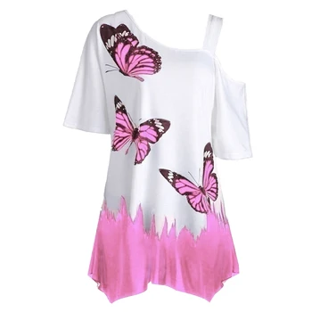 Plus Veľkosť Ženy Motýľ Vytlačiť T-shirt Studenej Rameno Krátke Rukáv Tunika Tee Top