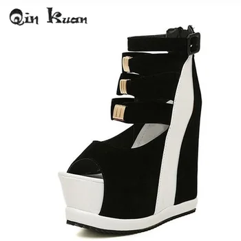 Qin Kuan Ženy Ultra Vysoké Podpätky, nočný klub Európskej Dámy zaklínit Típat Prst Sandále Ženy Pracky Popruhu Sandále, Topánky Veľkosť 34-39
