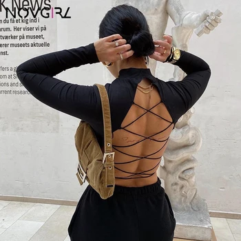 Novgirl 95% Bavlna Tričká Sexy Backless Čipky Obväz T-Shirts Ženy 2019 Jeseň Turtleneck Dlhý Rukáv Chudá Orezať Začiatok