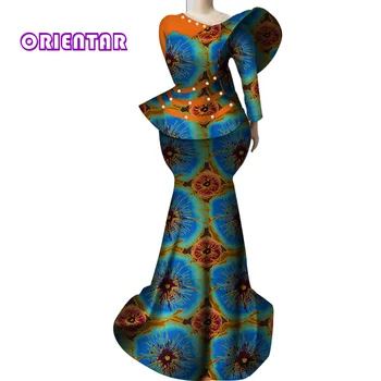 Elegantné Afriky Oblečenie pre Ženy Dashiki Bazin Riche Topy a Sukne 2 Ks Súpravy Dlhé Sukne Africkej Tlače Oblečenie WY3656