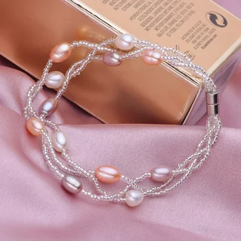 Móda prírodné sladkovodné perly náramok pre dámy perlový Náramok šperky ryža tvaru Multi-layer perly brcelets