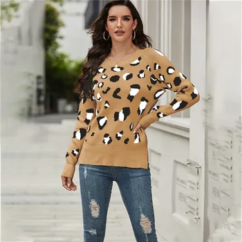 NOVÉ Leopard Tlač Sveter Ženy Jeseň Zima 2020 Dámy Pletené Svetre Žena O-krku Celý Rukáv Jumper Pulóvre Top S - XL
