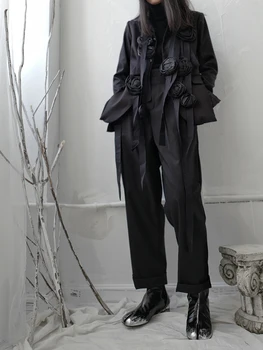 Yamamoto-štýl bežné nohavice tmavo nika dizajnér retro high-v strede zúžený záhybov slim žien malé nohavice