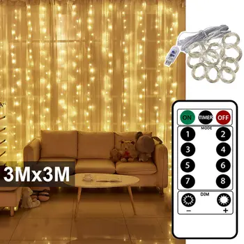 3x3m Víla Opony Svetlo LED, Diaľkové Ovládanie, USB Garland String Svetlá pre Domáce Spálne Okno Sviatok Vianočný Večierok Dekorácie