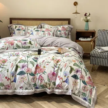 Luxusné Egyptskej bavlny posteľná bielizeň nastaviť obliečky kvet, list tlač pastoračnej posteľ list Satin 4pcs kráľovná Kráľ obliečky na vankúše