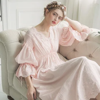 2020 Nové Jeseň Biela Bavlna Nightgown Princezná Nightdress Dámy Odev Žien Dlho Sleepwear Spanie Šaty 2131