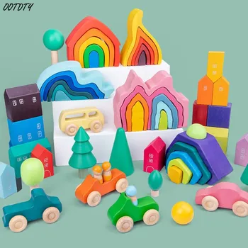 Detský Drevený Rainbow Stavebné Bloky Domu Drevené Sopky Morské Vlny Ruka-Oko Puzzle Montessori Vzdelávacích Hračiek Vrstvenie Bloky