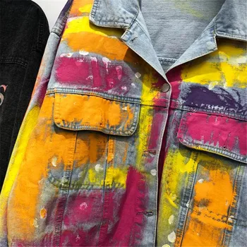 Ťažký Priemysel Maľované Denim Jacket Streetwear Žien 2021 Jeseň Nové Módne Voľné Kontrastné Farby Krátke Jean Kabát Outwear