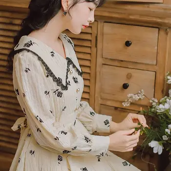 Kvetinové Šaty Žien Večierok Bežné Dlhý Rukáv Vintage Šaty Žena Peter Pan Golier z Jedného kusu Šaty kórejský 2020 Jeseň
