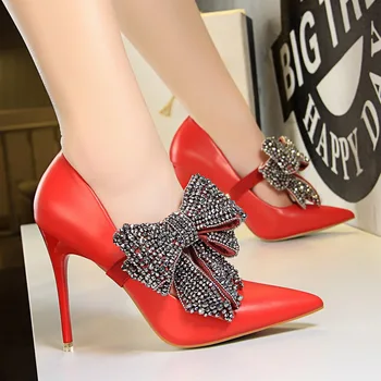 Kórejská verzia elegantné vysoké podpätky, topánky dámske ultra-vysoké podpätky plytké tip slovo s vodou bow drill jednej topánky